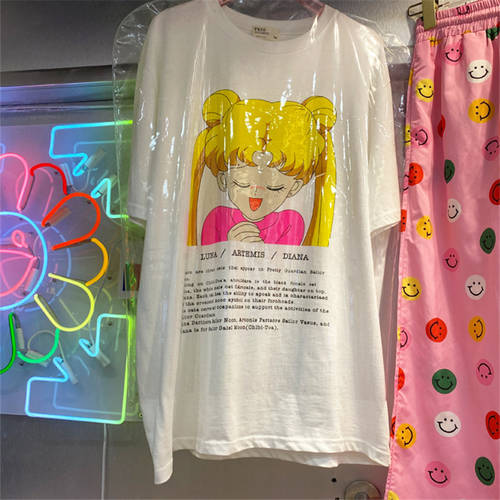 OUZHOUZHAN t 셔츠 여성용 반팔 루즈핏  써머 여름용 신상 신형 신모델 일본풍 미소녀 알파벳 루즈핏 미디 플레어 t 셔츠 스커트