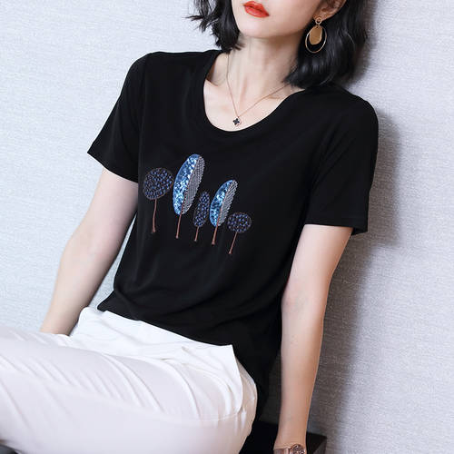 두꺼운 실크 t 셔츠 여성용  년 신상 써머 여름용 얇은 상품 유니크 스타일리쉬한 디자인 루즈핏 블랙 패션 트렌드 누에실 멀버리 실크 상의