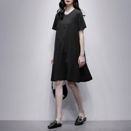  여름옷 신상 한국 스타일 블랙 반팔 라운드 넥 a 라인 스커트 루즈핏 슬림핏 플리츠 중간 길이 드레스 여성용