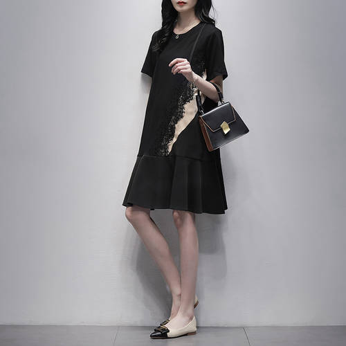 블랙 컬러 드레스 여성용  써머 여름용 신상 한국 스타일 라운드 넥 반팔 분위기 심플 보여 주다 가늘고 길다 제품 상품 a 라인 스커트
