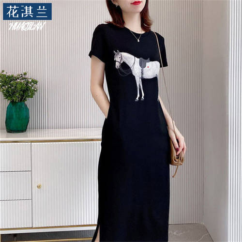 【 TMALL 】 여름옷 새로운 작은 낳다 프린팅 라운드 넥 짧은 소매 드레스 슬림핏 보여 블랙 미디 플레어 티셔츠 T셔츠 스커트 여성
