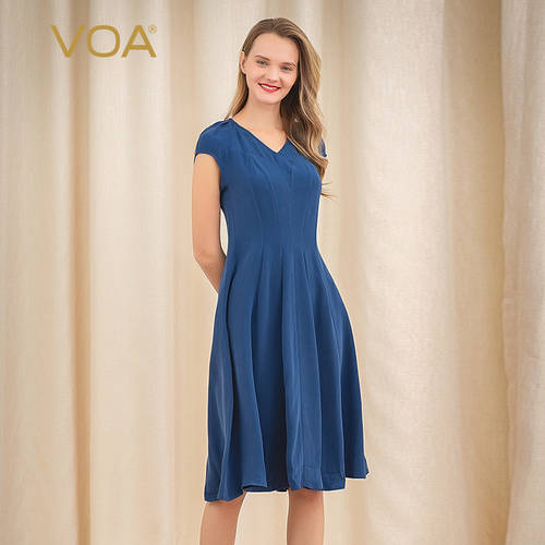 【 TMALL 】VOA30 모미 두꺼운 실크 V 칼라 어깨 반팔 밴딩 레트로 여덟 조각 식 데님 블루 슈 여성 드레스 여름