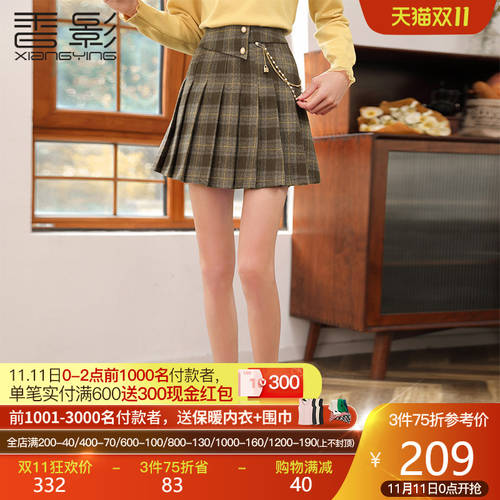 Xiangying 플리츠 훌 스커트 여성용  가을 겨울 신상 신형 신모델 커피 색상 수리 바디쇼 얇은 a 라인 스커트 하이웨이스트 체크무늬 짧은 치마