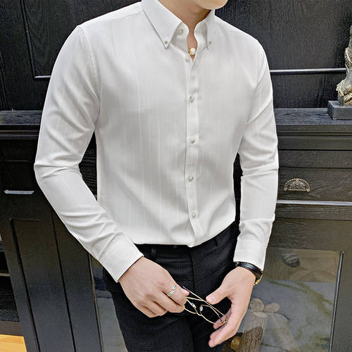 인란 셔츠 남성 리더 소매 한국판 슬림핏 비즈니스 정장 캐주얼 셔츠 줄무늬 스트라이프 화이트 셔츠 써머 여름용 슬림
