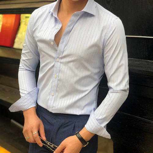 Enlas/ 인란 써머 여름용 줄무늬 스트라이프 셔츠 남성 리더 소매 한국판 슬림핏 몫 비즈니스 레저 영국 멋진 셔츠 슬림
