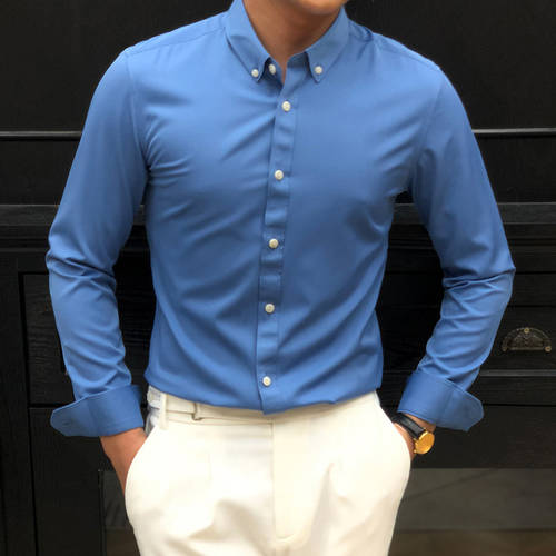Enlas/ 인란 써머 여름용 신제품 신상 셔츠 남성 리더 소매 한국판 슬림핏 캐주얼 비즈니스 정장 단색 인치 셔츠 남성