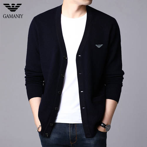 이상한 아르마니 아시아 100% 순양모 가디건 남성 한국 스타일 캐주얼 위에 걸쳐 입는 신사용 남성용 니트 스웨터 니트 가을옷 패션 트랜드