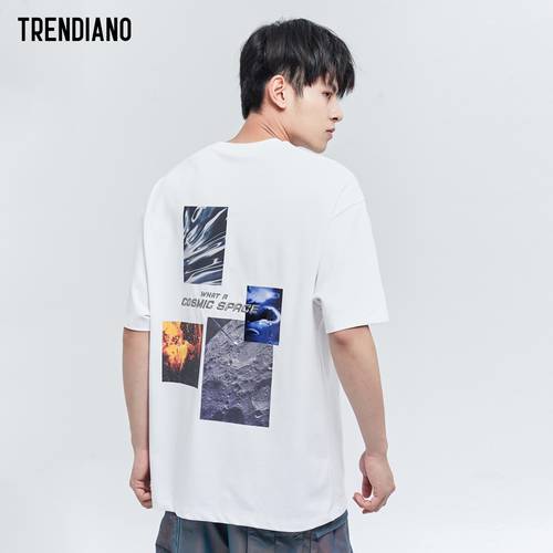 【7 겹 】TRENDIANO 트렌디 유행 브랜드  신제품 신상 봄 여름 남성의류 갤럭시 프린팅 라운드 넥 반팔 티셔츠 T셔츠 남성
