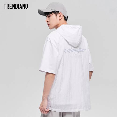 TRENDIANO 트렌디 유행 브랜드  신제품 신상 써머 여름용 남성의류 상의 캐치프레이즈 자수 후드 티셔츠 T셔츠 남성