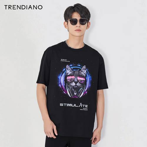 TRENDIANO 트렌디 유행 브랜드  신제품 신상 가을 남성의류 상의 고양이 프린팅 반팔 티셔츠 T셔츠 남성 3RC3027440