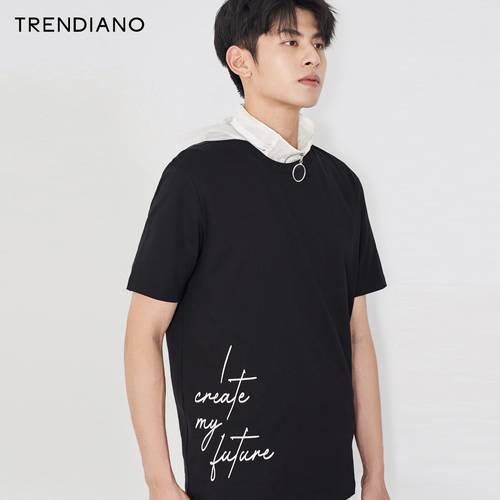 【7 겹 】TRENDIANO 트렌디 유행 브랜드  신제품 신상 가을 남성의류 상의 캐치프레이즈 라운드 넥 반팔 티셔츠 T셔츠 남성