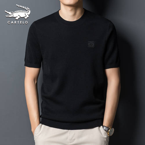 CARTELO 남성용 양모 셔츠 봄 가을 상품 반팔 라운드 넥 자수 니트 루즈핏 한국판 단색 스웨터 니트 얇은