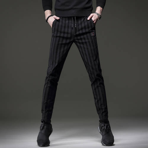 GUISE 가을 신상 신형 신모델 라이트럭셔리 블랙 줄무늬 스트라이프 캐주얼 팬츠 바지 남성 유행 트렌드 조거 허리밴드 슬림핏 얇은 다리 바지 남성