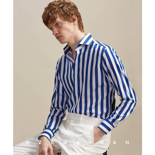 블루&화이트 넓은 바 무늬 셔츠 남성 긴 소매 긴팔 슬림핏 윈저 칼라 ins 패션 트렌드 영국 조잡한 줄무늬 스트라이프 멋진 스타일리쉬한 셔츠