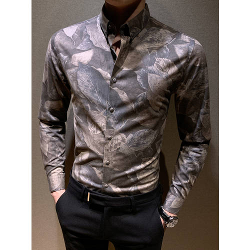  NEW 한국어 버전 롱 소매 셔츠 남성용 프린팅 캐주얼 슬림핏 셔츠 신사용 남성용 멋진 스타일리쉬한 유행 남성의류 꽃무늬 인치
