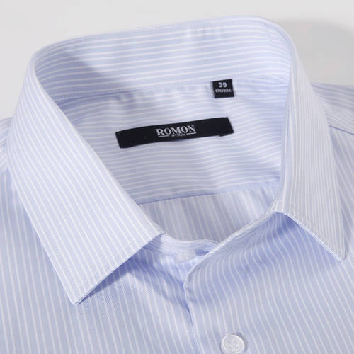 Romon/ ROMON 셔츠 남성 반팔 써머 여름용 얇은 블루 줄무늬 스트라이프 순면 워시앤드웨어 옷 비즈니스 정장 셔츠