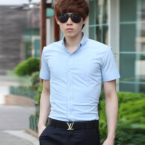 신사용 남성용 써머 여름용 짧은 소매 셔츠 남성 한국 스타일 슬림핏 비즈니스 캐주얼 셔츠 남성용 워시앤드웨어 프로 정장 흰 셔츠