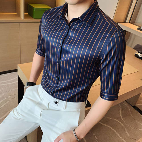  써머 여름용 우아한 멋진 7부 소매 내벽 셔츠 남성 한국 스타일 유행 트렌드 하프 슬리브 셔츠 슬림핏 청년 헤어디자이너 셔츠