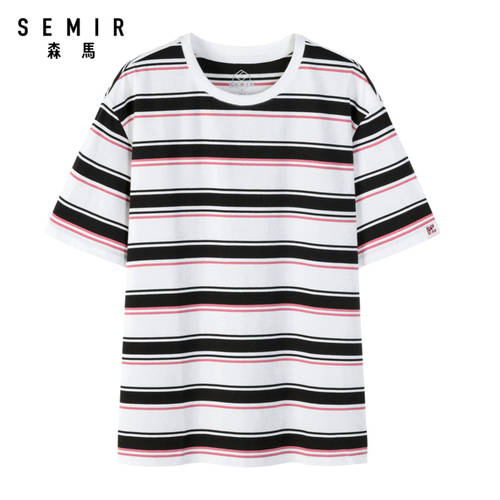 【 커플용 】 SEMIR  써머 여름용 신상 신형 신모델 루즈핏 반팔 티셔츠 T셔츠 남성 패션 트렌드 ins 컬러매칭 줄무늬 스트라이프 순면 티셔츠