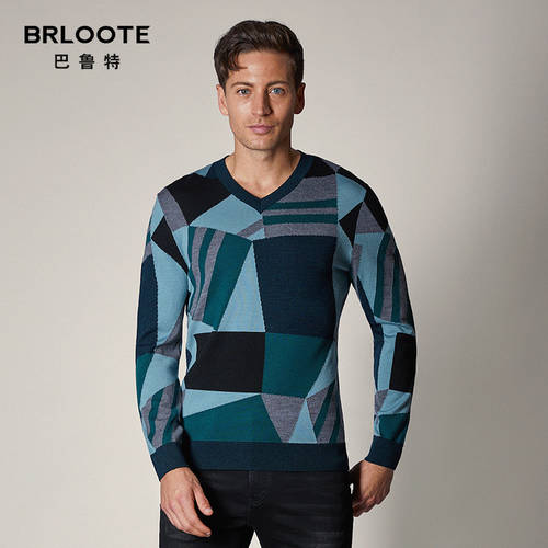 BRLOOTE/ Ballut 순양모 울 니트 울 스웨터 남성용 기하학 패턴 디자인 컬러매칭 조합 V 칼라 헤어 셔츠  겨울옷