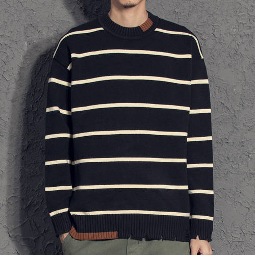 YIYANG 패치 디자인 드롭 숄더 루즈핏 스웨터 니트 Oaki 겨울 기모 줄무늬 스트라이프 라운드 넥 니트 상큼한 깨진 가장자리 컬러매칭