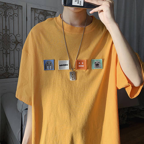 반팔 t 셔츠 남성 ins 한국 패션 유행 브랜드 루즈핏 패치 티셔츠 셔츠 홍콩 스타일 라운드 넥 레저 웨이브 반 흐름 소매 상단 천