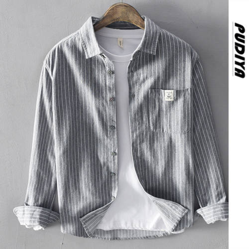  봄 가을 신제품 롱 소매 셔츠 남성용 줄무늬 스트라이프 순면 셔츠 루즈핏 스퀘어넥 트렌디 유행 브랜드 캐주얼 상의 위에 걸쳐 입는