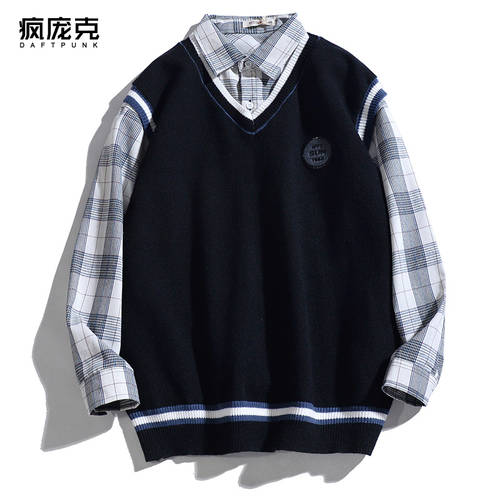 스웨터 니트 셔츠 조끼 2피스 오 하루 가을 신상 한국 스타일 캠퍼스 룩 커플템 조끼 셔츠 패션 트렌드 패키지