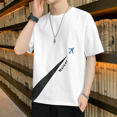 써머 여름용 얇은 반팔 티셔츠 T셔츠 홍콩 스타일 개성있는 프린팅 한국판 루즈핏 라운드 넥 반소매 bf 남성용 심플 코디하기 쉬운 올매치 상의