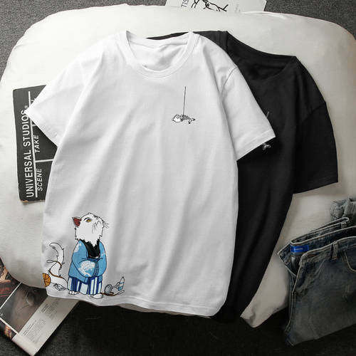 키모노 고양이 프린팅 써머 여름용 트렌디 유행 브랜드 남성의류 반팔 t 순수한 셔츠 면 이너웨어 상의 남여공용 T 홍콩 스타일 ins 쉬다 셔츠