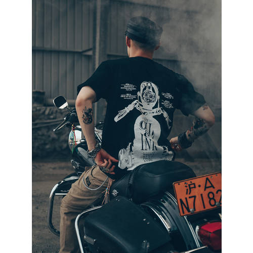 WEST COAST 아미 카키 레트로 스컬캔디RIFF T 짧은 셔츠 소매 남자 힙합 유럽풍 서양식 락 오토바이 기관차 펑크