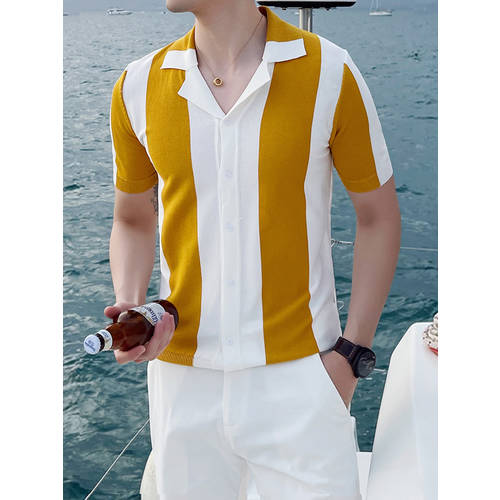 니트 편직 polo 셔츠 남성 반팔 써머 여름용 얇은 판 유행 브랜드 상의 고급 슬림핏 멋진 유행 칼라 넥 메릴 t 셔츠