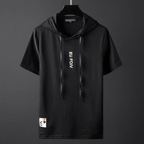 써머 여름용 후드티 반팔 t 셔츠 남성 한국 스타일 블랙 후드 모자 달린 맨투맨 보한 에디션 개정 몸의 절반 소매 셔츠 유행 트랜드 티셔츠