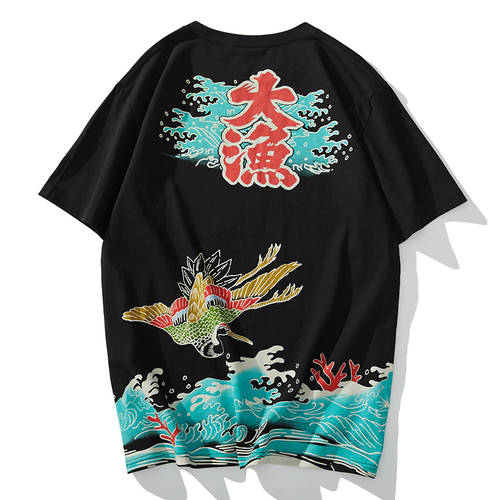  신상 신형 신모델 다유 두루미 파도 트렌디 유행 브랜드 반팔 티셔츠 T셔츠 일본풍 남성용 개성있는 프린팅 순면 라운드 넥 써머 여름용