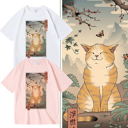 일본풍 하라주쿠 우키요에 트렌디 유행 브랜드 프린팅 주황색 고양이 NEKOLUS 옷 순면 반팔 반소매 티셔츠 T셔츠 남여공용 ZHONGXING