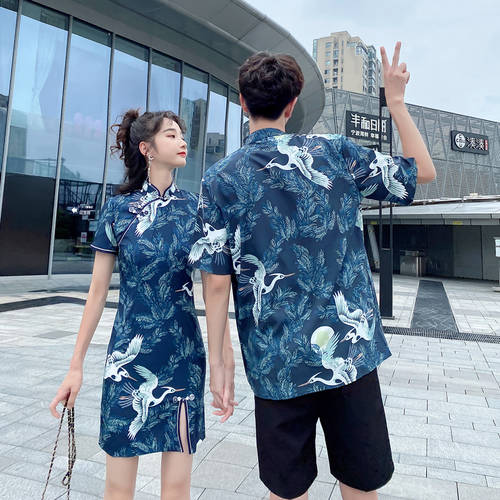분위기 커플용 여름옷 중국풍 두루미 리폼 여성용 치파오 원피스 루즈핏 버클 반팔 티셔츠 T셔츠 남성