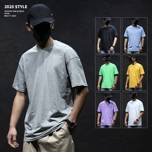 써머 여름용 일본풍 단색 티셔츠 T셔츠 남성 반팔 타이드 브랜드 그린 천 니안 코튼 서클 칼라 셔츠 코디하기 쉬운 올매치 너비 느슨한 여가 상의