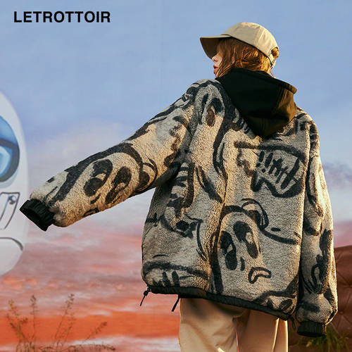 LETROTTOIR 패션 트렌드 브랜드 겨울 고스트 시옹만 인쇄 컬러매칭 양털 코튼 의류 남성 플러스 두꺼운 보증 따뜻한 감정 동반자 외투 아우터