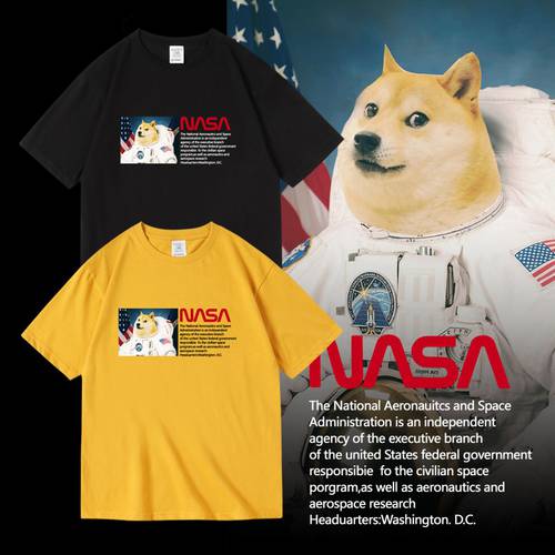 NASA 콜라보에디션 트렌디 유행 브랜드 반팔 티셔츠 T셔츠 우주 비행사 시바견 doge 옷 남여공용 순면 써머 여름용 옷