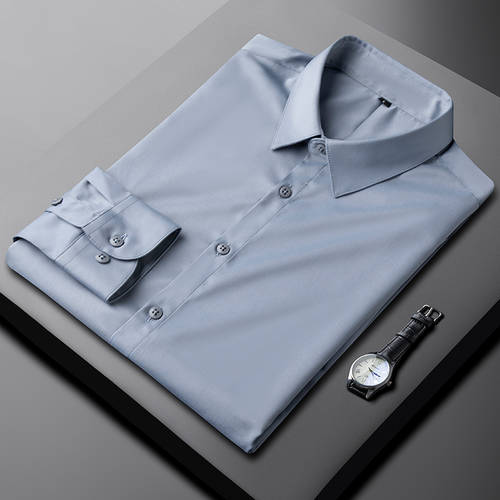 라이트럭셔리 헤이즈 블루 컬러 워시앤드웨어 주름 방지 메릴 셔츠 남성 긴 소매 긴팔 가을 얇은 가벼운 사업 서비스 슬림핏 부드러운 셔츠