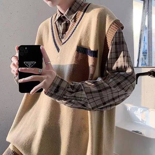  가을 한국판 신상 신형 신모델 레트로 니트 홍콩 스타일 V 칼라 조끼 남자 일본풍 컬러 매칭 루즈핏 스웨터 니트 조끼
